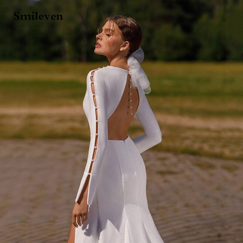 스마일레븐 섹시 화이트 인어 웨딩 드레스, 긴 소매 오픈 백 신부 드레스, 하이 사이드 스플릿 웨딩 가운, 2023